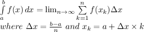 \int\limits^b_a {f(x)} \, dx =  \lim_{n \to \infty} \sum\limits_{k=1}^{n}f(x_{k}) \Delta x \\where\ \Delta x = \frac{b-a}{n} \ and\ x_{k}=a+\Delta x \times k