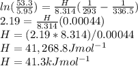 ln(\frac{53.3}{5.95} )=\frac{H}{8.314}(\frac{1}{293}-\frac{1}{336.5} )\\2.19=\frac{H}{8.314}(0.00044)\\H=(2.19*8.314)/0.00044\\H=41,268.8Jmol^{-1}\\H=41.3kJmol^{-1}