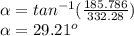 \alpha =tan^{-1}(\frac{185.786}{332.28} )\\\alpha  =29.21^{o}