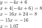 y = - 4x + 6\\x+4(-4x+6)=8\\x-16x+24=8\\-15x=-16\\x=1.07
