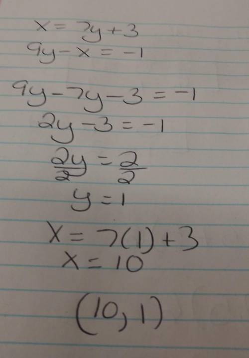 What is the answer to x=7y+3 And 9y-x=-1