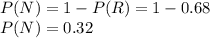 P(N) = 1-P(R) = 1-0.68\\P(N) =0.32