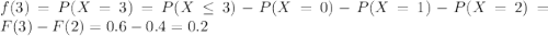f(3) = P(X=3) = P(X \leq 3) - P(X=0)- P(X=1) -P(X=2) = F(3) -F(2) = 0.6-0.4=0.2