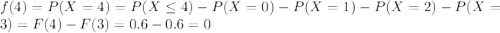 f(4) = P(X=4) = P(X \leq 4) - P(X=0)- P(X=1) -P(X=2)-P(X=3) = F(4) -F(3) = 0.6-0.6=0