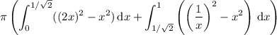 \displaystyle\pi\left(\int_0^{1/\sqrt2}((2x)^2-x^2)\,\mathrm dx+\int_{1/\sqrt2}^1\left(\left(\frac1x\right)^2-x^2\right)\,\mathrm dx\right)