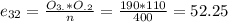 e_{32}= \frac{O_{3.}*O_{.2}}{n}= \frac{190*110}{400}= 52.25