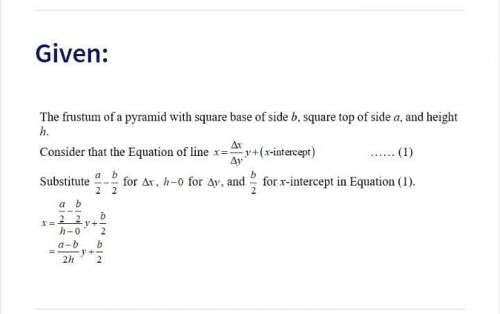 Find the volume V of the described solid S. A frustum of a pyramid with square base of side b, squar