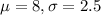 \mu = 8, \sigma = 2.5