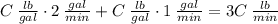 C\:\frac{lb}{gal} \cdot 2 \:\frac{gal}{min}+C\:\frac{lb}{gal} \cdot 1\:\frac{gal}{min}=3C\:\frac{lb}{min}