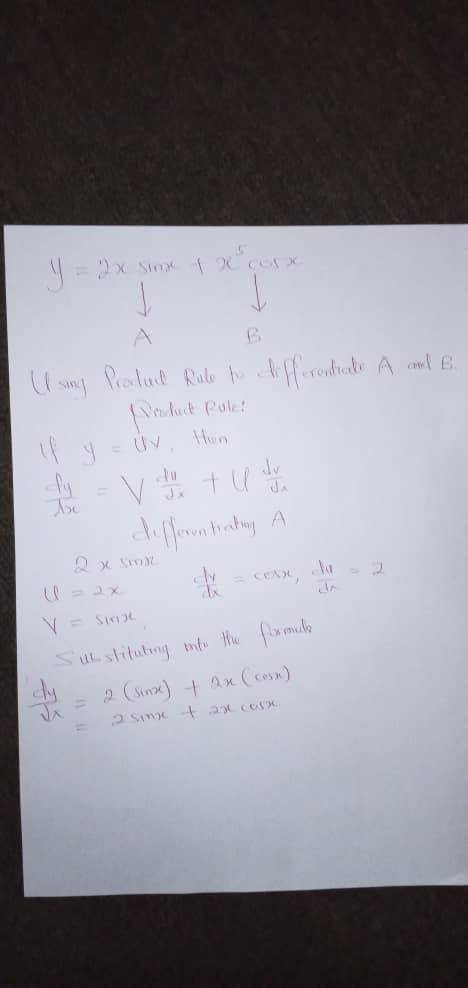 Find the derivative y= 2xsin(x) + x^5 cos(x)