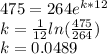 475=264e^{k*12}\\k=\frac{1}{12}ln(\frac{475}{264})\\  k=0.0489