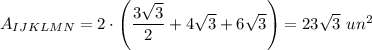 A_{IJKLMN}=2\cdot \left(\dfrac{3\sqrt{3}}{2}+4\sqrt{3}+6\sqrt{3}\right)=23\sqrt{3}\ un^2
