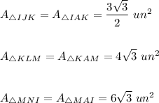 A_{\triangle IJK}=A_{\triangle IAK}=\dfrac{3\sqrt{3}}{2}\ un^2 \\ \\ \\A_{\triangle KLM}=A_{\triangle KAM}=4\sqrt{3}\ un^2 \\ \\ \\A_{\triangle MNI}=A_{\triangle MAI}=6\sqrt{3}\ un^2