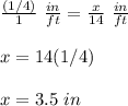 \frac{(1/4)}{1}\ \frac{in}{ft}=\frac{x}{14}\ \frac{in}{ft}\\\\x=14(1/4)\\\\x= 3.5\ in