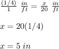 \frac{(1/4)}{1}\ \frac{in}{ft}=\frac{x}{20}\ \frac{in}{ft}\\\\x=20(1/4)\\\\x=5\ in