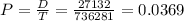 P = \frac{D}{T} = \frac{27132}{736281} = 0.0369