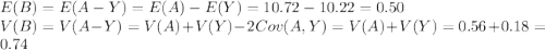 E(B)=E(A-Y)=E(A)-E(Y)=10.72-10.22=0.50\\V(B)=V(A-Y)=V(A)+V(Y)-2Cov(A,Y)=V(A)+V(Y)=0.56+0.18=0.74