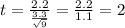t = \frac{2.2}{\frac{3.3}{\sqrt{9}}} = \frac{2.2}{1.1}= 2