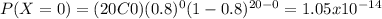 P(X=0)=(20C0)(0.8)^{0} (1-0.8)^{20-0}=1.05x10^{-14}