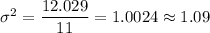 \sigma^2 =\dfrac{12.029}{11} = 1.0024 \approx 1.09