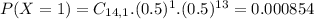 P(X = 1) = C_{14,1}.(0.5)^{1}.(0.5)^{13} = 0.000854