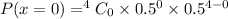 P(x = 0) = ^4C_0 \times 0.5^0 \times 0.5^{4-0}