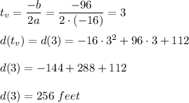 t_v=\dfrac{-b}{2a}=\dfrac{-96}{2\cdot (-16)}=3\\ \\d(t_v)=d(3)=-16\cdot 3^2+96\cdot 3+112\\ \\d(3)=-144+288+112\\ \\d(3)=256\ feet
