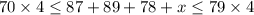 70\times 4\leq 87+89+78+x\leq 79\times 4