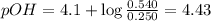 pOH=4.1+\log\frac{0.540}{0.250}=4.43