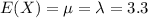 E(X)=\mu =\lambda=3.3