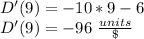D'(9) = -10*9-6\\D'(9) = -96\ \frac{units}{\$}