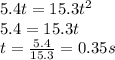 5.4t=15.3t^2\\5.4=15.3t\\t=\frac{5.4}{15.3}=0.35 s