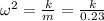 \omega^2 = \frac{k}{m} = \frac{k}{0.23}