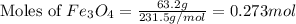 \text{Moles of }Fe_3O_4=\frac{63.2g}{231.5g/mol}=0.273mol