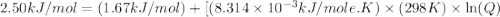 2.50kJ/mol=(1.67kJ/mol)+[(8.314\times 10^{-3}kJ/mole.K)\times (298K)\times \ln (Q)