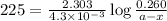225=\frac{2.303}{4.3\times 10^{-3}}\log\frac{0.260}{a-x}