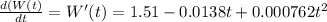 \frac{d(W(t)}{dt}= W'(t) = 1.51-0.0138t + 0.000762t^2