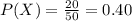 P(X)=\frac{20}{50} =0.40