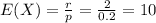 E(X) = \frac{r}{p} = \frac{2}{0.2} = 10