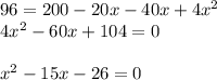96=200-20x-40x+4x^2\\4x^2-60x+104=0\\\\x^2-15x-26=0