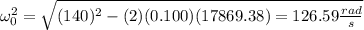 \omega_{0}^2=\sqrt{(140)^2 -(2)(0.100)(17869.38)=126.59 \frac{rad}{s}}