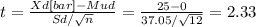 t= \frac{Xd[bar]-Mud}{Sd/\sqrt{n} } = \frac{25-0}{37.05/\sqrt{12} } = 2.33
