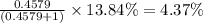 \frac{0.4579}{(0.4579+1)}\times 13.84\%=4.37\%