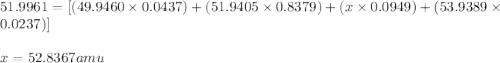 51.9961=[(49.9460\times 0.0437)+(51.9405\times 0.8379)+(x\times 0.0949)+(53.9389\times 0.0237)]\\\\x=52.8367amu