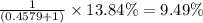 \frac{1}{(0.4579+1)}\times 13.84\%=9.49\%