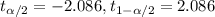t_{\alpha/2}=-2.086 , t_{1-\alpha/2}=2.086