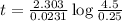 t=\frac{2.303}{0.0231}\log\frac{4.5}{0.25}