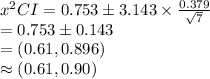 x^{2} CI=0.753\pm 3.143\times\frac{0.379}{\sqrt{7}} \\=0.753\pm0.143\\=(0.61, 0.896)\\\approx(0.61, 0.90)
