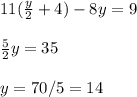 11(\frac{y}{2} +4)-8y=9\\\\\frac{5}{2}y=35\\\\y=70/5=14