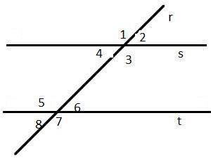 Parallel lines s and t are cut by a transversal r. Parallel lines s and t are cut by transversal r.